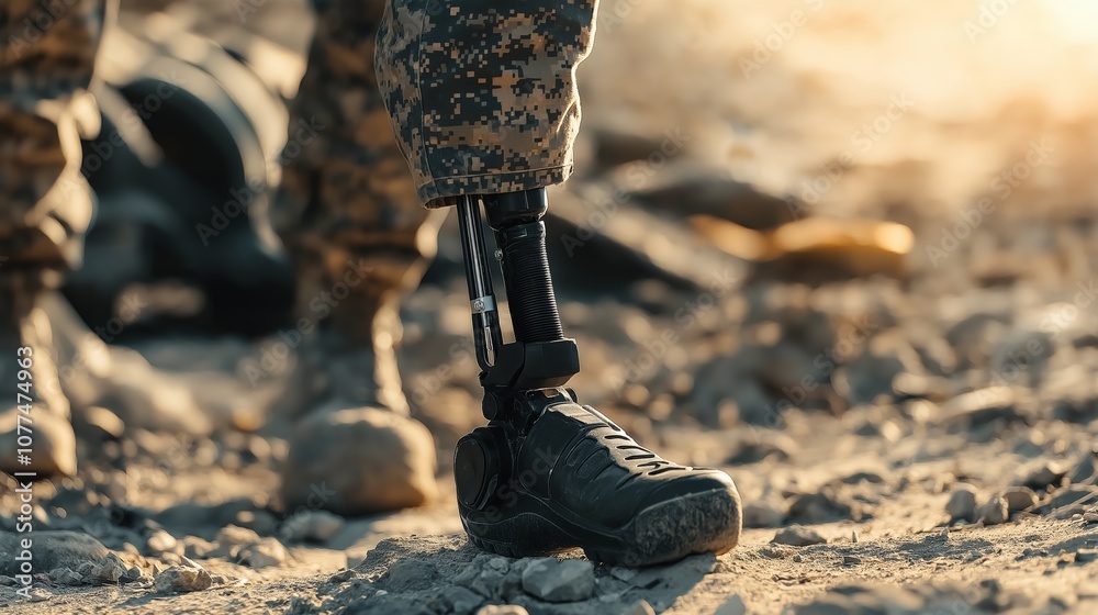 Bionic prosthetic leg for military and army soldiers Closeup war and combat Military camp Bionic prosthetic leg for military and army soldiers Closeup war and combat Military camp