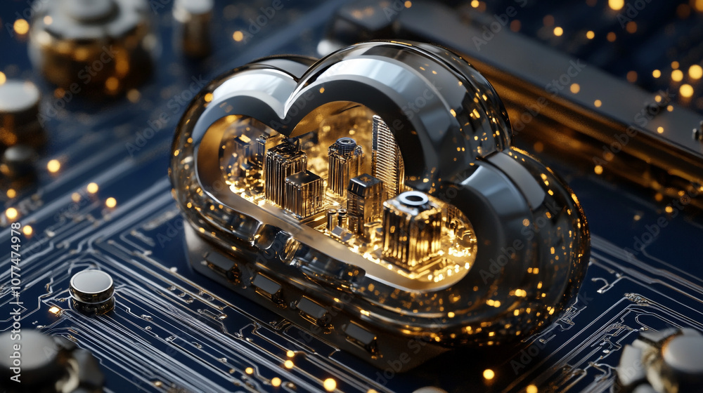 Fototapeta premium Metallic Cloud Computing Concept with Cityscape on Circuit Board