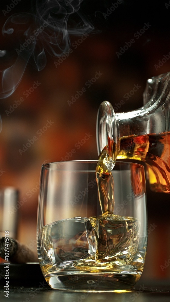 Pouring whiskey into glass full of ice cubes. Pouring whiskey into glass full of ice cubes.