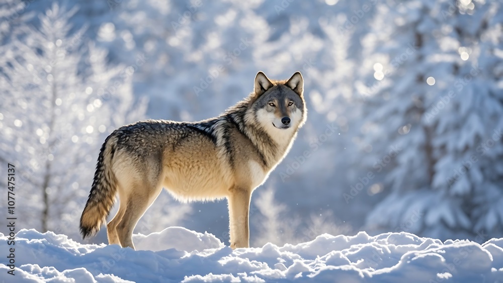 Fototapeta premium A wolf standing in the snow - A lifelike image of a wolf in a snowy landscape, with its fur detailed against the wintry backdrop, its breath visible in the cold air as it surveys the surroundings.