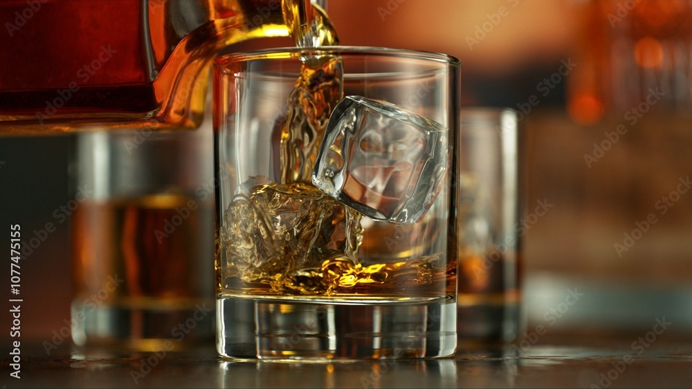 Pouring whiskey into glass full of ice cubes.