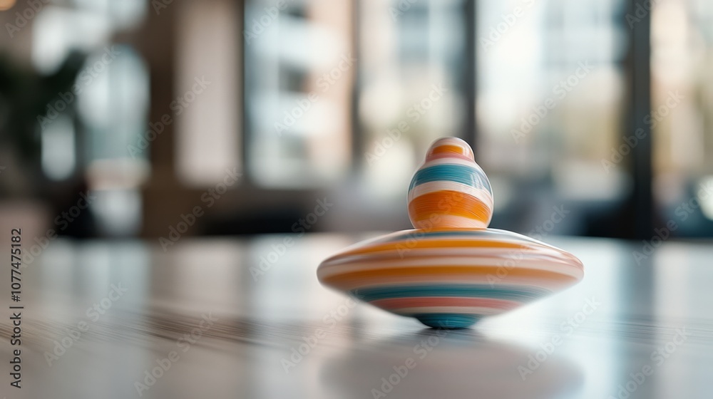 A vibrant, multicolored spinning top rests on a smooth table with a blurred background of a bright interior space. A vibrant, multicolored spinning top rests on a smooth table with a blurred background of a bright interior space.
