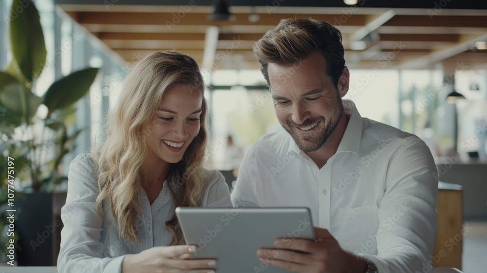 A happy couple in a bright café share smiles while viewing something on a tablet, capturing a moment of connection and joy. A happy couple in a bright café share smiles while viewing something on a tablet, capturing a moment of connection and joy.