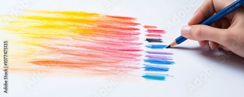 A hand holding a colored pencil creates a vibrant gradient and swatches of color on white paper, showcasing artistic expression and creativity.