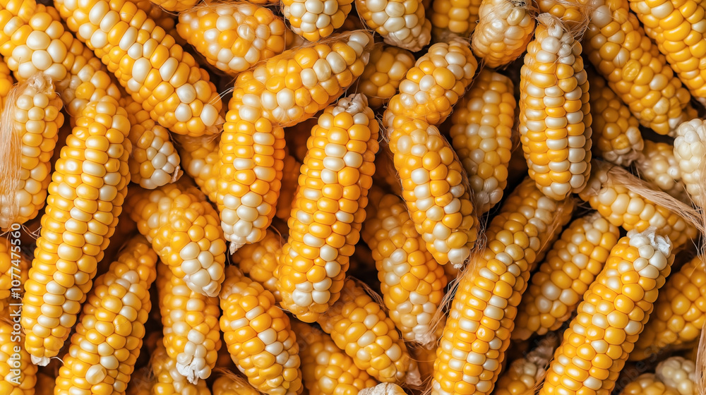Close-up view of freshly harvested yellow and white corn cobs piled together, showcasing their vibrant colors and natural textures. Close-up view of freshly harvested yellow and white corn cobs piled together, showcasing their vibrant colors and natural textures.