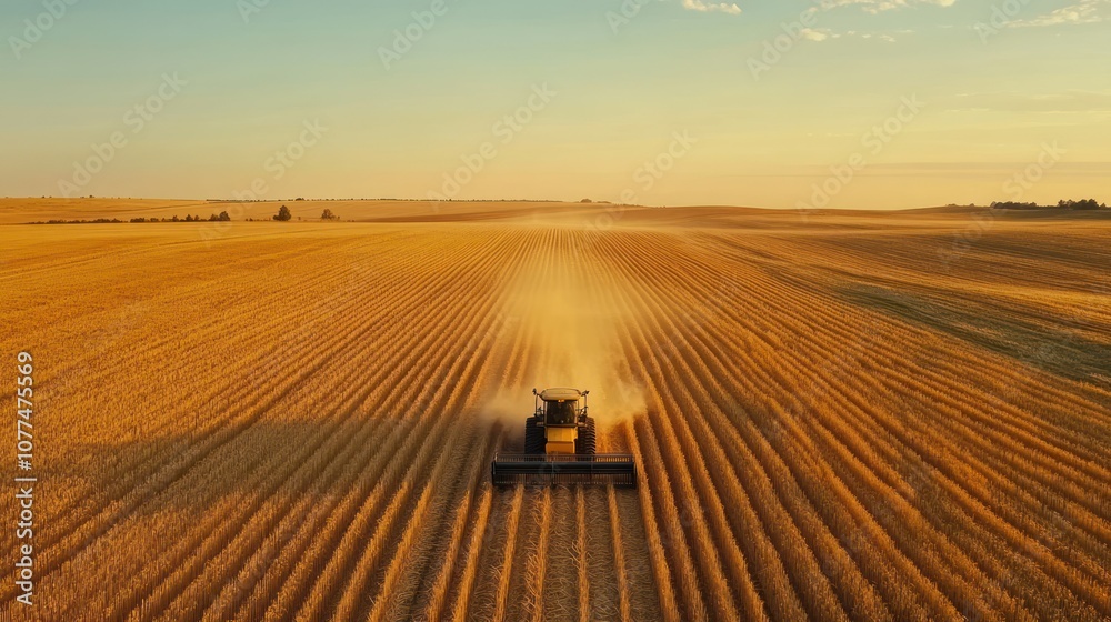Aerial View of a Combine Harvester Working in a Field of Grain at Sunset Aerial View of a Combine Harvester Working in a Field of Grain at Sunset