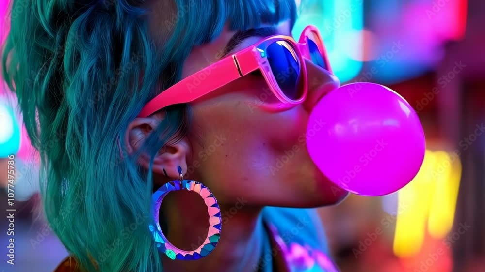 Trendy urban nightlife: woman with neon sunglasses blowing bubblegum