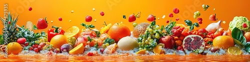 Vibrant fruit and vegetables splash on orange background