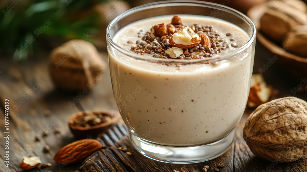 Delicious Organic Smoothie Topped With Nuts on a Rustic Wooden Table in a Cozy Kitchen Delicious Organic Smoothie Topped With Nuts on a Rustic Wooden Table in a Cozy Kitchen