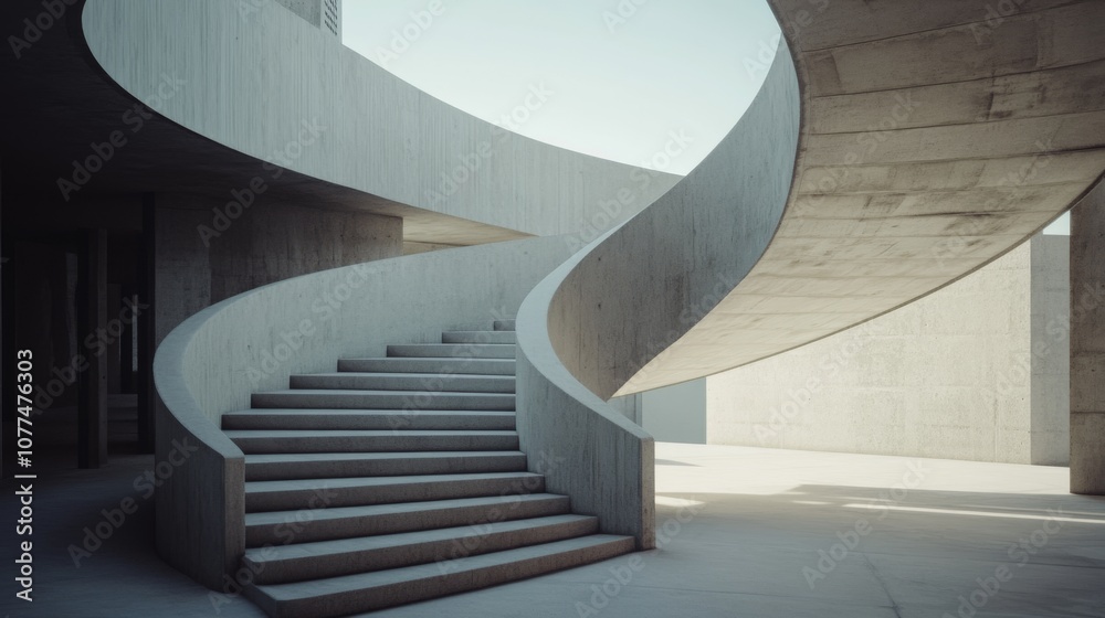 A dramatic concrete spiral staircase bathes in natural light, melding architectural symmetry and elegance in an open, airy space.