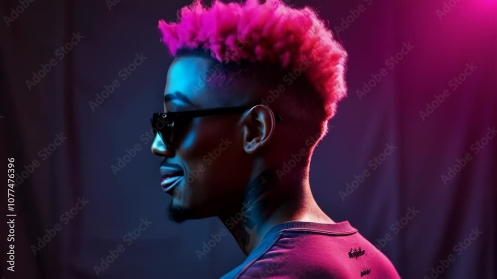 Vibrant hairstyle displayed in dynamic lighting with fashionable sunglasses