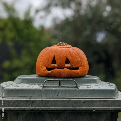 Shrivelling jack-o-lantern on Rubbish Bin