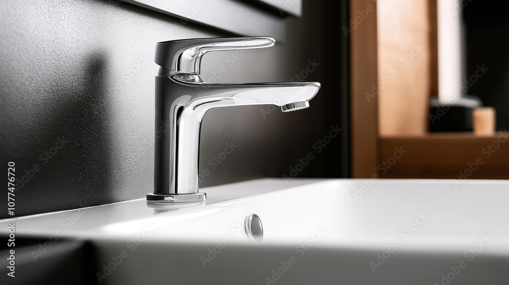 Modern bathroom interior with a close-up of a chrome faucet and a white ceramic sink against a matte black wall.