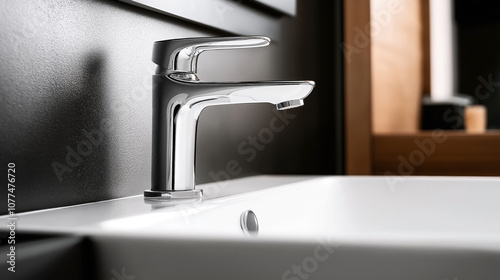Obraz na płótnie Modern bathroom interior with a close-up of a chrome faucet and a white ceramic sink against a matte black wall. w salonie