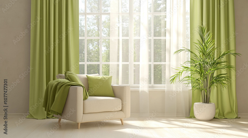 Living room with light green curtains, allowing soft, diffused light to filter into the space Living room with light green curtains, allowing soft, diffused light to filter into the space