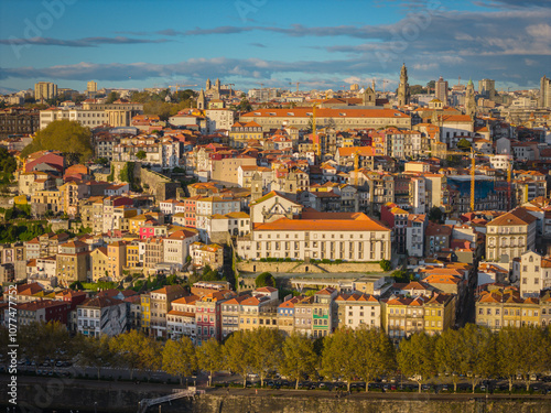 Porto old town and Ribeira district. Aerial drone view of Porto city center. Portugal city panoramic landscape