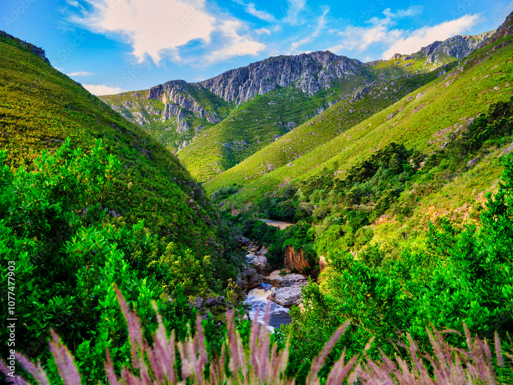 Tradouw River flowing through Langeberg Mountains gorge with blue sky and white clouds, Suurbraak, Overberg, Western Cape, South Africa