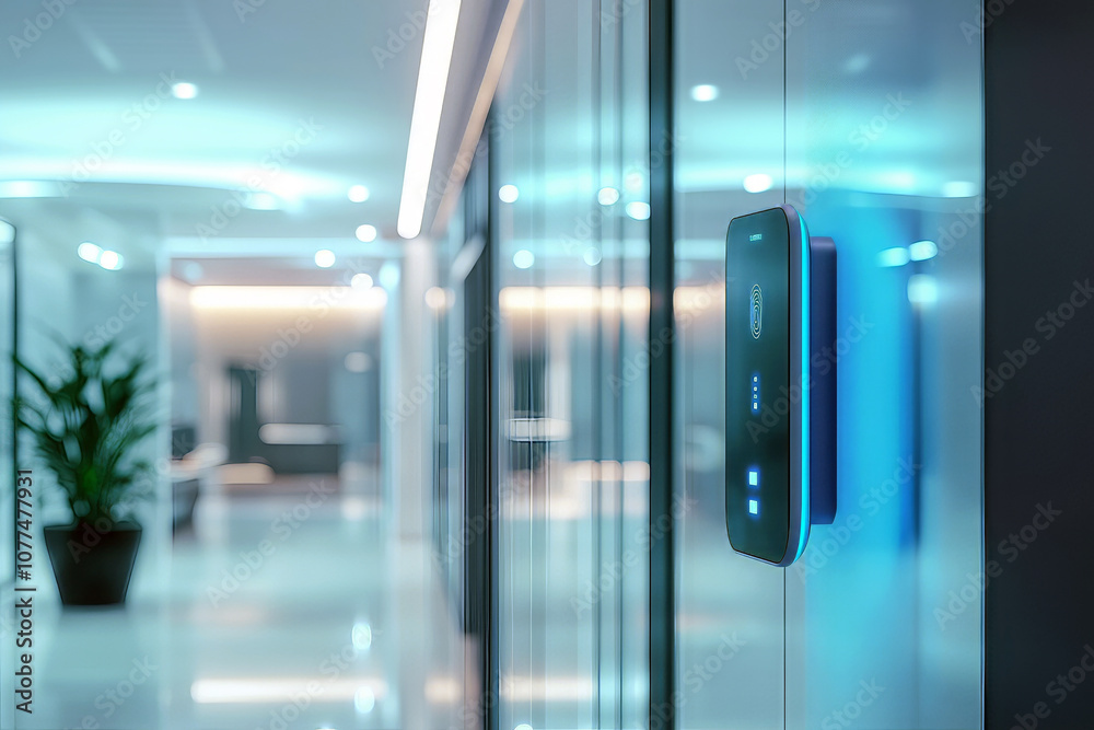 Modern biometric security system in a sleek office, with a fingerprint scanner embedded in a glass wall, illuminated with soft blue lights.
