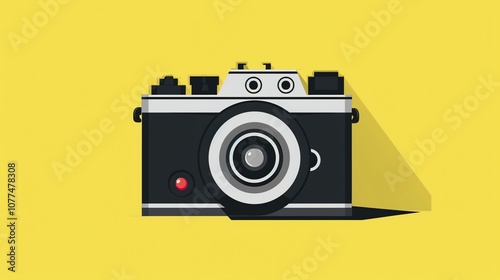 A flat design of a vintage camera against a yellow background.