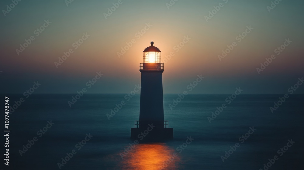 A solitary lighthouse stands resilient amidst the ocean, illuminated warmly against a tranquil twilight sky. A solitary lighthouse stands resilient amidst the ocean, illuminated warmly against a tranquil twilight sky.