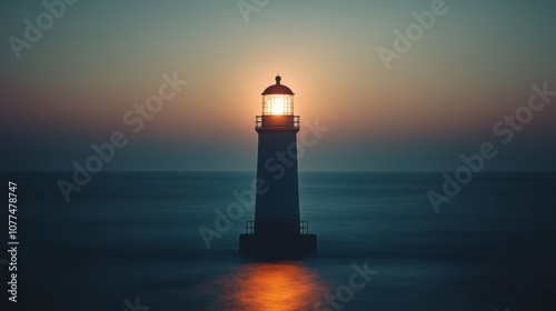 A solitary lighthouse stands resilient amidst the ocean, illuminated warmly against a tranquil twilight sky.