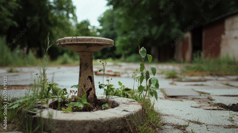 An abandoned stone pedestal surrounded by weeds in a forgotten park, evoking a sense of mystery and time's passage. An abandoned stone pedestal surrounded by weeds in a forgotten park, evoking a sense of mystery and time's passage.