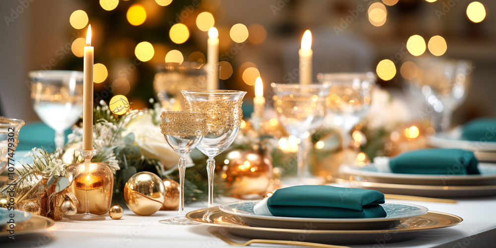 Vajilla de lujo y decoración para cena de noche vieja.Mesa decorada para celebración de navidad y año nuevo. Luz suave y ambiente romántico. Vajilla de lujo y decoración para cena de noche vieja.Mesa decorada para celebración de navidad y año nuevo. Luz suave y ambiente romántico.