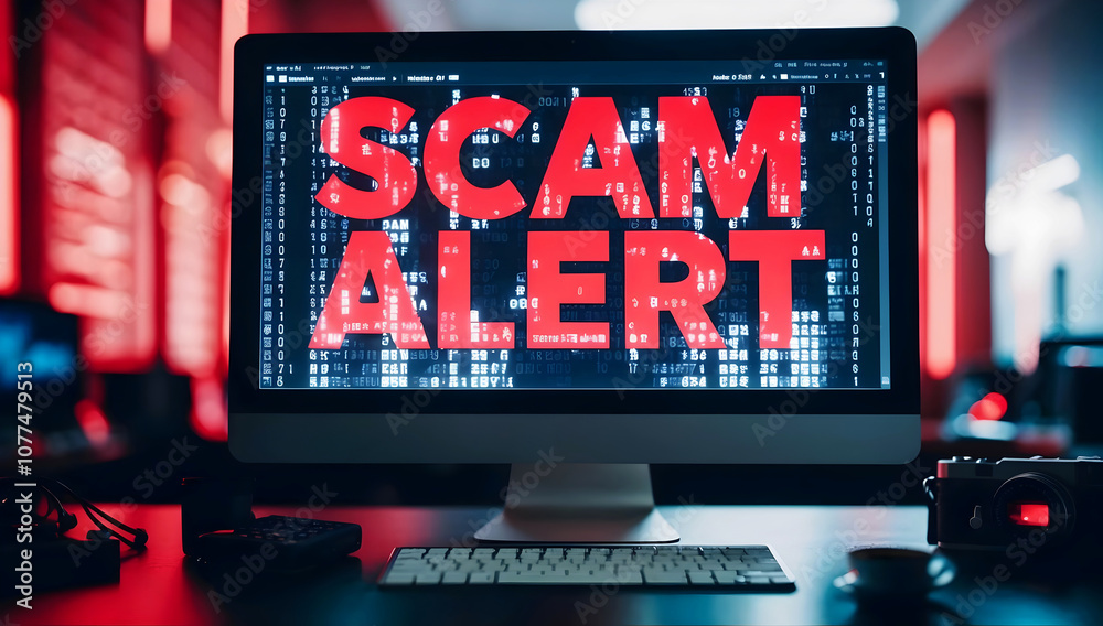 Red text scam alert warning on computer monitor screen, scammers, display background
