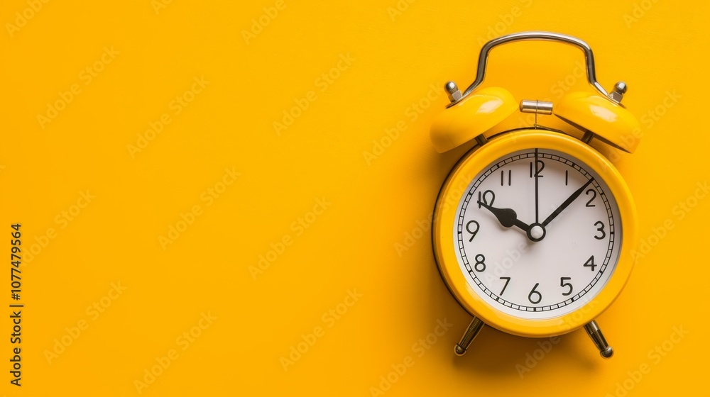 Yellow Alarm Clock Set For Eight OClock, Isolated On A Vibrant Yellow Background With Copy Space Yellow Alarm Clock Set For Eight OClock, Isolated On A Vibrant Yellow Background With Copy Space