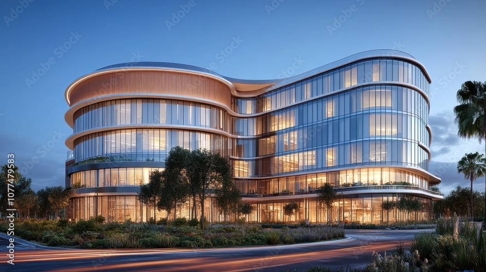 Obraz premium Modern office building with glass and wood facade, illuminated at night.