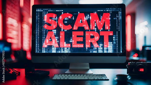 Obraz na płótnie Red text scam alert warning on computer monitor screen, scammers, display background w salonie