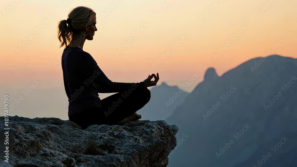 Embrace tranquility as a woman finds inner peace meditating on a rocky ledge, bathed in the warm hues of a breathtaking sunset. Nature's beauty enhances her journey