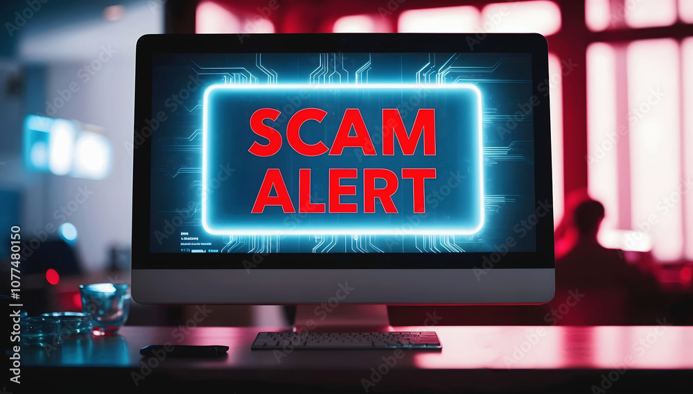 Red text scam alert warning on computer monitor screen, scammers, display background
