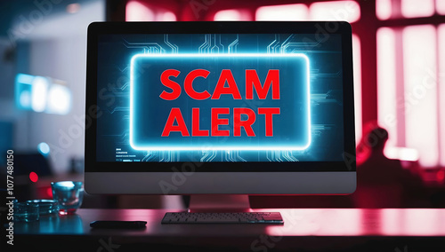 Obraz na płótnie Red text scam alert warning on computer monitor screen, scammers, display background w salonie