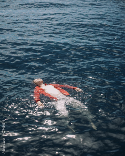 Man Floating Peacefully in Blue Ocean Water photo