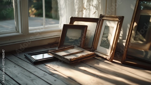 Sunlit room filled with antique frames leaned against a wall, capturing a nostalgic moment of art appreciation under gentle, warm light. photo