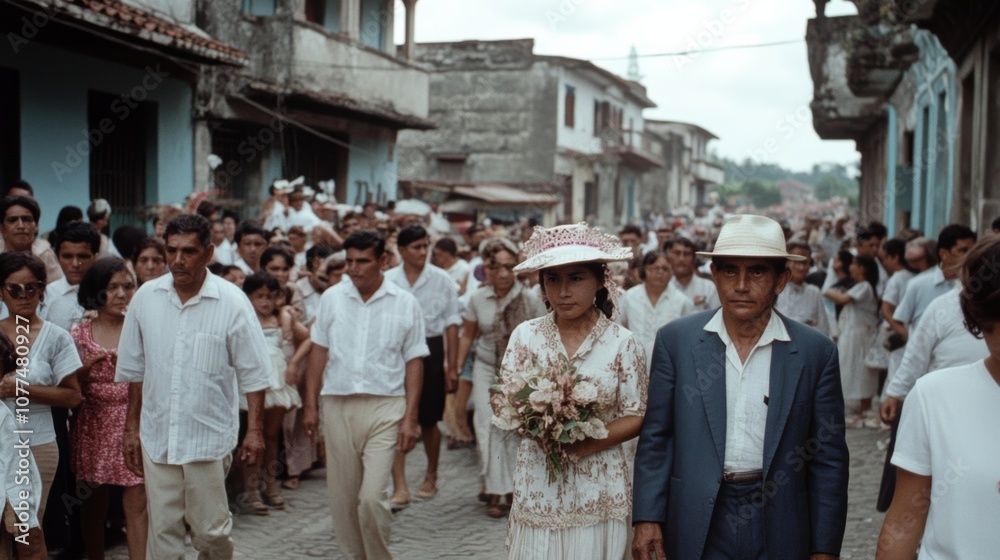 Amidst a bustling crowd in a narrow street, a couple in vintage attire stands out, dressed for a celebration, their presence filled with significance. Amidst a bustling crowd in a narrow street, a couple in vintage attire stands out, dressed for a celebration, their presence filled with significance.