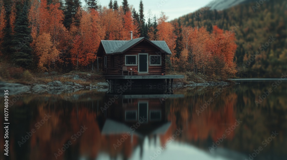 A rustic cabin stands by a reflecting lake encircled by autumn trees, capturing a sense of peace and rustic charm within nature's embrace.