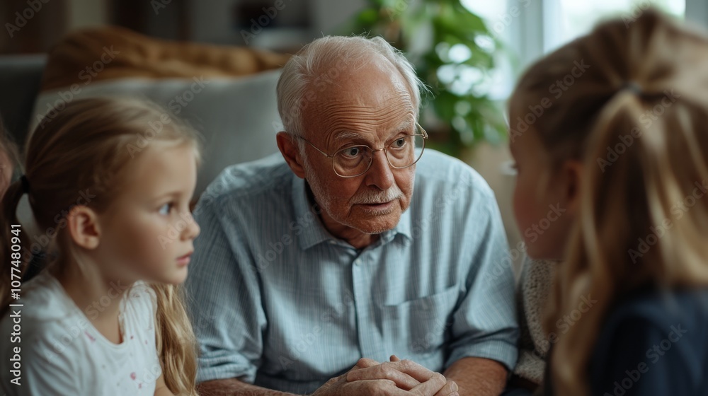 An attentive grandfather engages with his granddaughters, sharing stories and wisdom in a warm, familial atmosphere. An attentive grandfather engages with his granddaughters, sharing stories and wisdom in a warm, familial atmosphere.