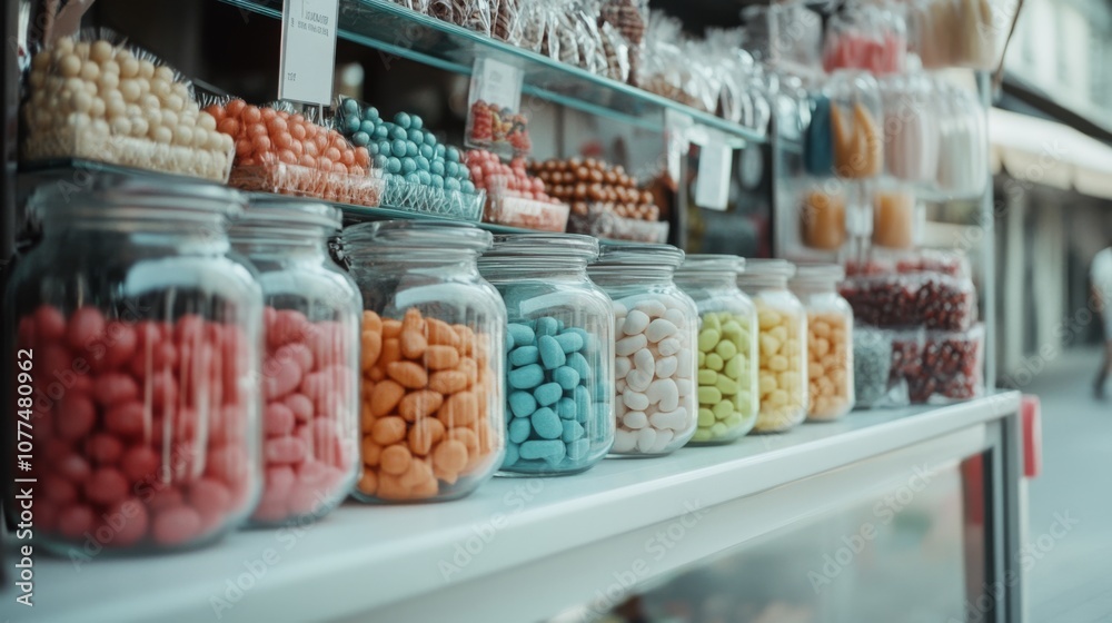 A colorful array of candies in glass jars lines a shelf, creating a delightful and vibrant visual feast in a charming sweet shop. A colorful array of candies in glass jars lines a shelf, creating a delightful and vibrant visual feast in a charming sweet shop.