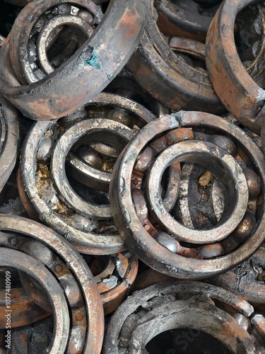 Scrap bearing stacked and stored in a factory
