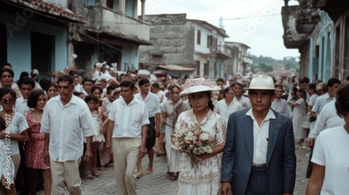 Wallpaper Mural Amidst a bustling crowd in a narrow street, a couple in vintage attire stands out, dressed for a celebration, their presence filled with significance. Torontodigital.ca