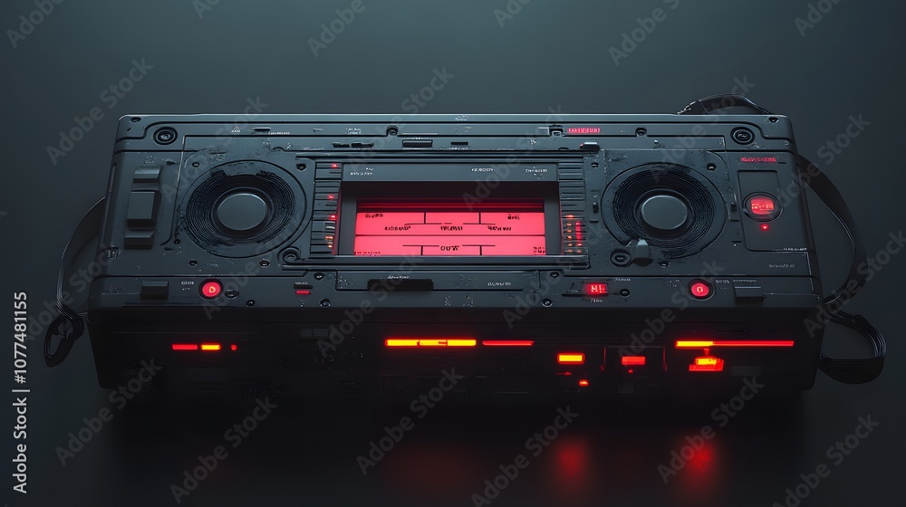 Fototapeta premium A retro boombox with glowing red elements, evoking nostalgia for music and audio technology.