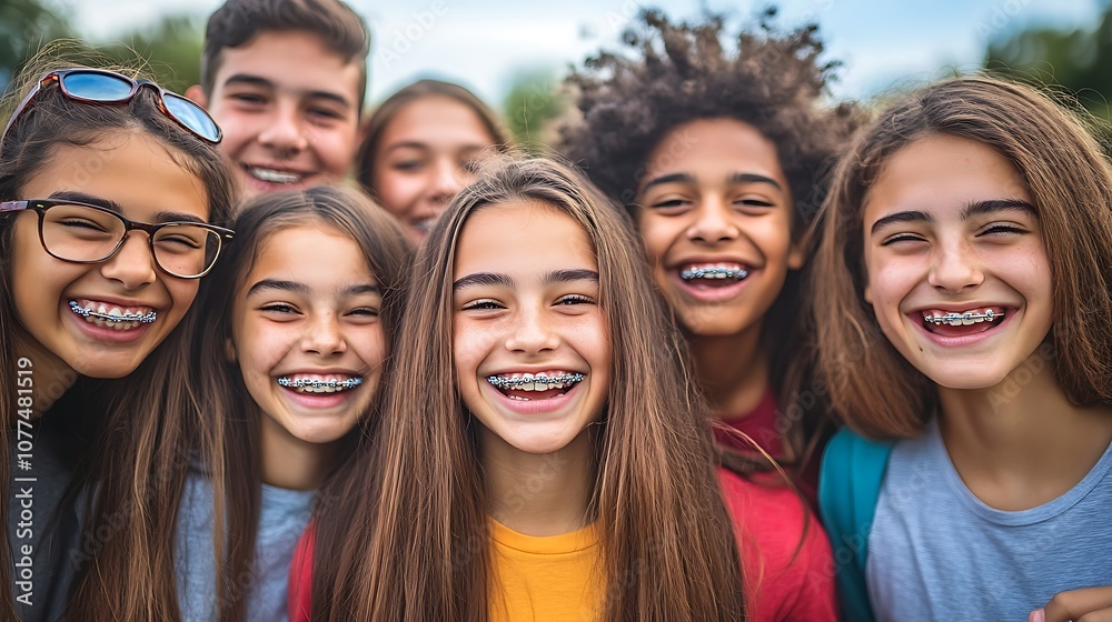 Group of smiling teenagers from different cultural backgrounds holding their braces celebrating orthodontic care Group of smiling teenagers from different cultural backgrounds holding their braces celebrating orthodontic care