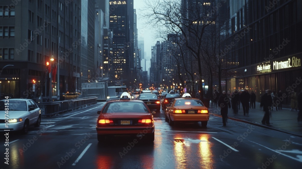 Naklejka premium A bustling city street at dusk, with cars and taxis under glowing skyscrapers, reflecting the vibrant urban energy.