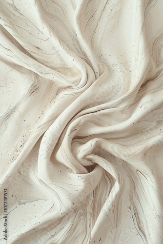 A fabric with a beige color and a swirling pattern, reminiscent of a marble texture, with small black specks scattered across the surface.