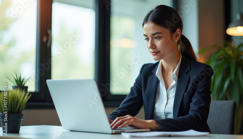 Businesswoman Working on Laptop in Modern Office