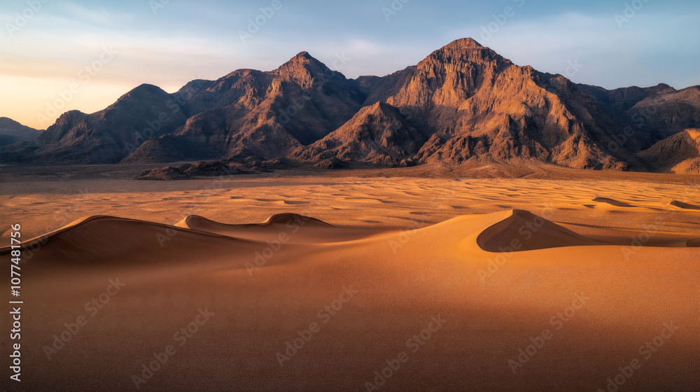 Naklejka premium Scenic view of desert landscape with sand dunes in foreground and mountain range in background under clear sky at sunset