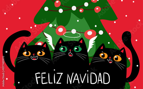 Feliz Navidad spanish Merry Christmas. Kawaii character funny Black cats singing Christmas song near Christmas tree. Cute carols. Christmas and New year.