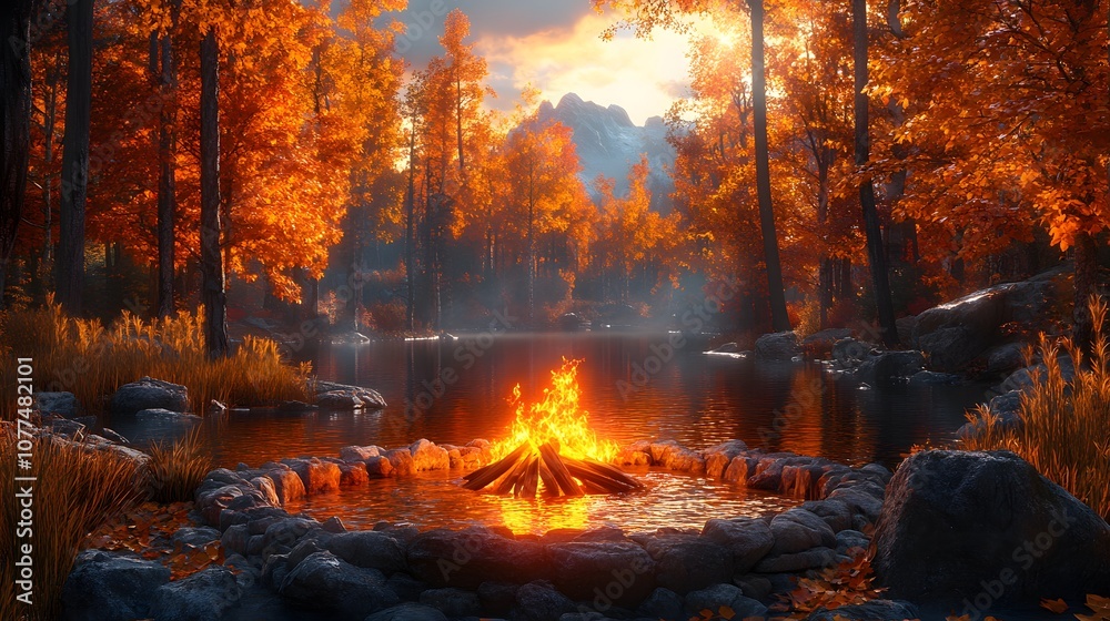 A serene autumn landscape featuring a campfire by a tranquil lake surrounded by colorful trees. A serene autumn landscape featuring a campfire by a tranquil lake surrounded by colorful trees.